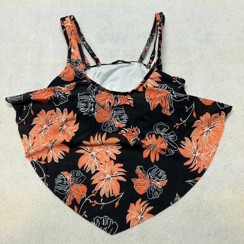 NWT Marinavida Tankini Swim Top Floral Polyester Spandex Black‎ Orange Medium